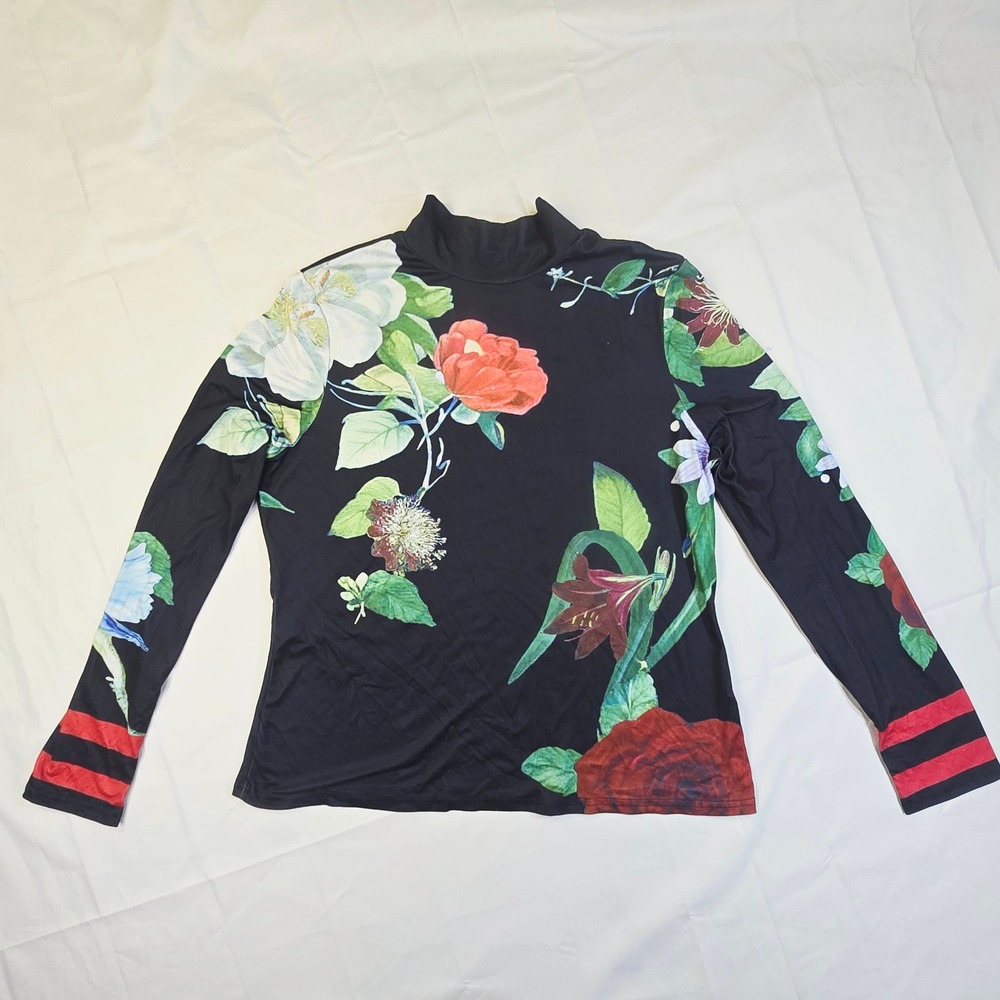 Women's XXL Black Floral Mock Neck Long Sleeve Top Red Striped Cuffs